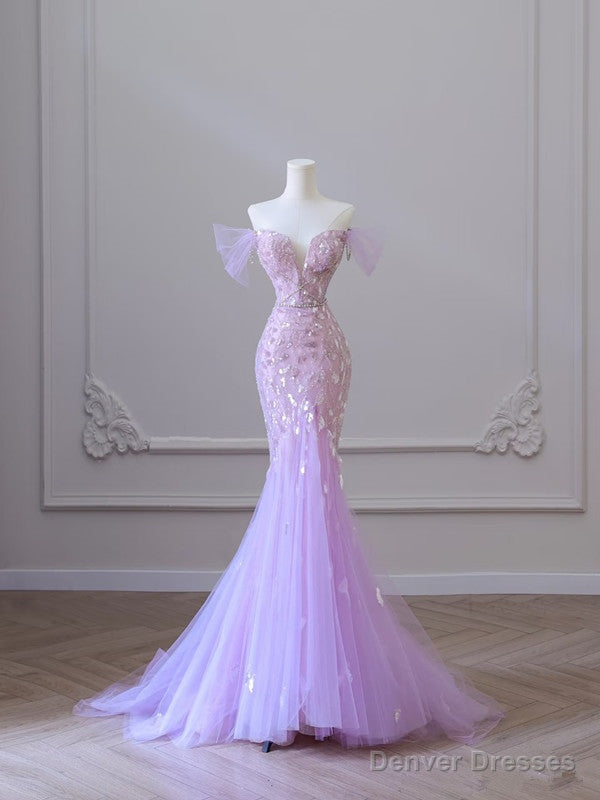 Modest Mermaid Off The Shoulder Lilac Tulle Flowers Evening Dress Long Prom Dresses Main image