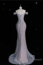 Modest Mermaid Off The Shoulder Sequin Long Prom Dress Formal Graduation Party Dress Evening Dress