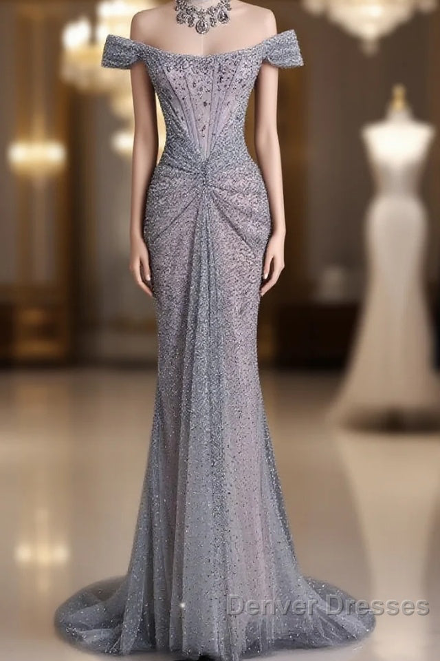 Modest Mermaid Off The Shoulder Sequin Long Prom Dress Formal Graduation Party Dress Evening Dress Main image