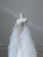 Modest Mermaid Off The Shoulder White Tulle Long Wedding Dress Brides Dress