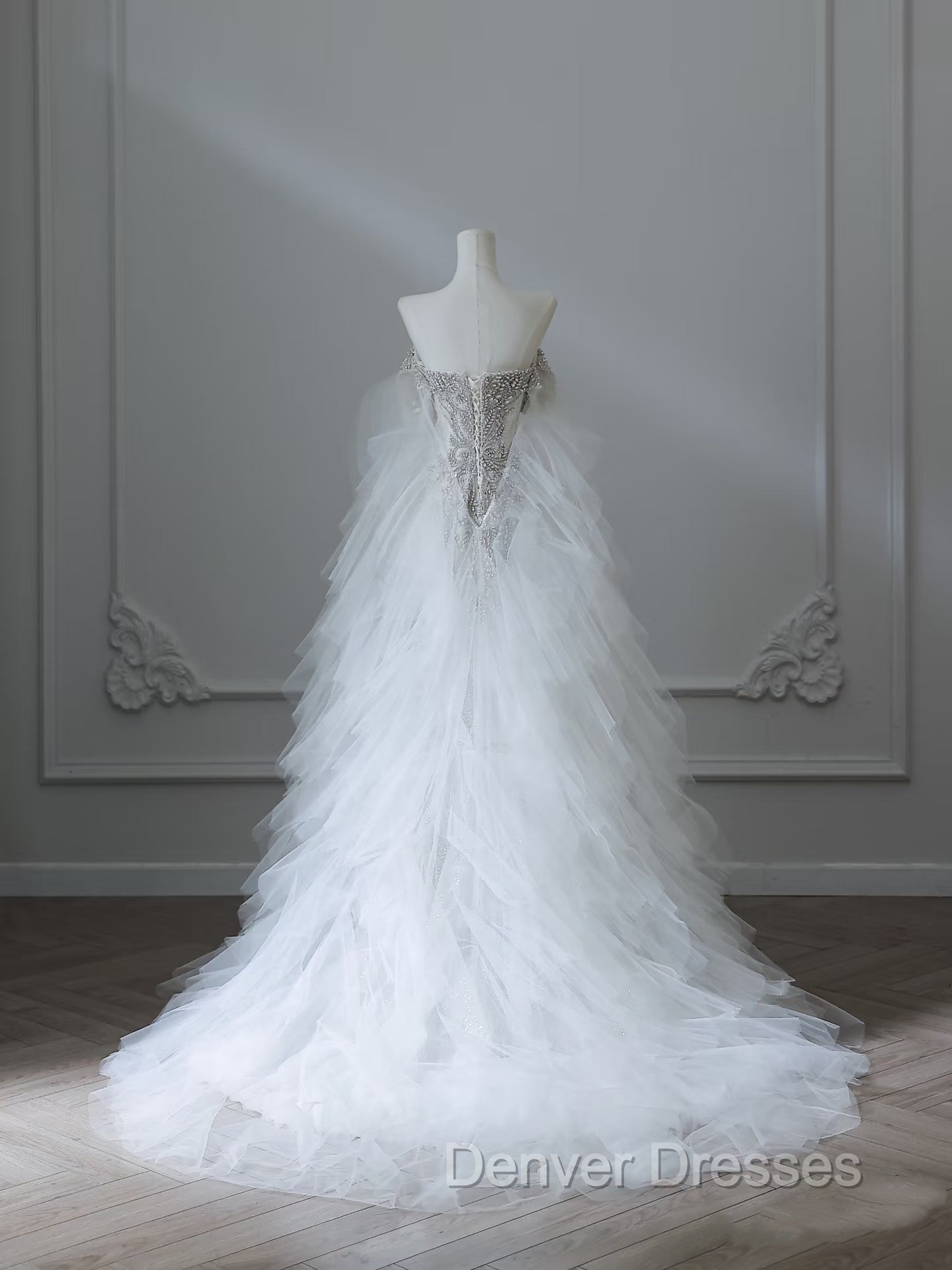 Modest Mermaid Off The Shoulder White Tulle Long Wedding Dress Brides Dress Ss3843 Secondary image