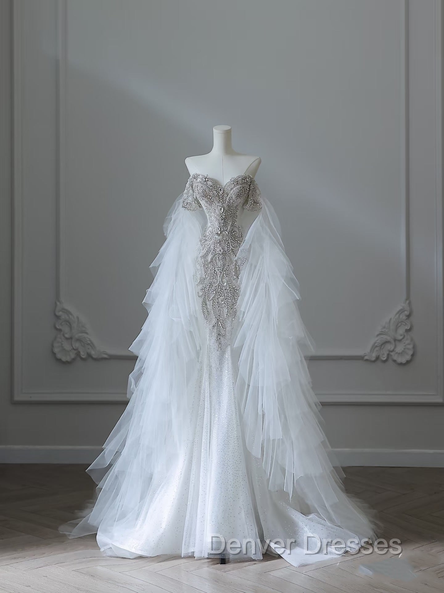 Modest Mermaid Off The Shoulder White Tulle Long Wedding Dress Brides Dress Ss3843