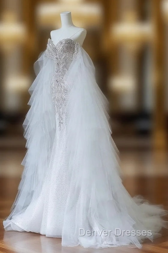 Modest Mermaid Off The Shoulder White Tulle Long Wedding Dress Brides Dress