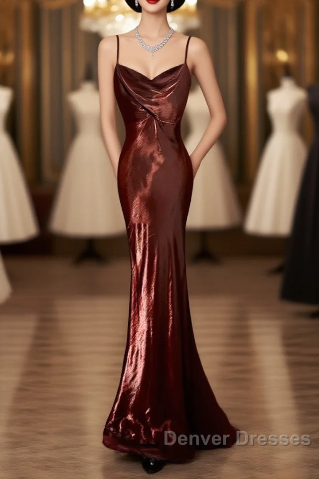 Modest Mermaid Spaghetti Straps Burgundy Prom Dress Ruffle Long Party Dress Main image