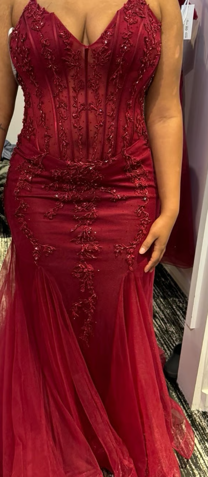 Modest Mermaid Spaghetti Straps Burgundy Sequin Formal Gown 23Rd Birthday Dress Prom Dress 20Th Birthday Outfits Secondary image