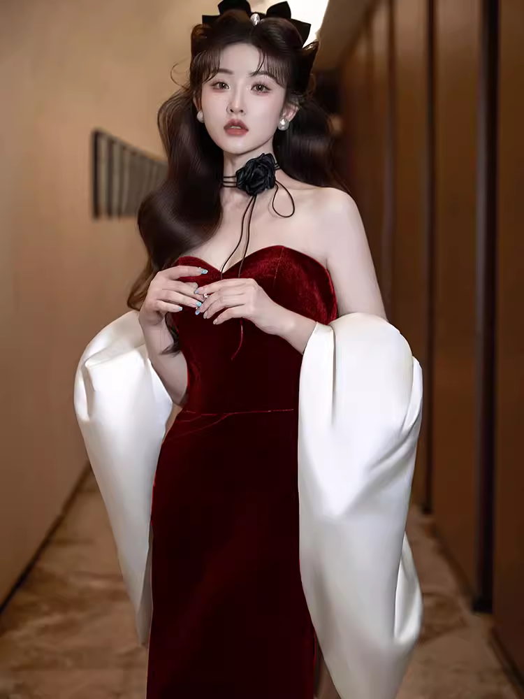 Modest Mermaid Strapless Burgundy Long Prom Dress