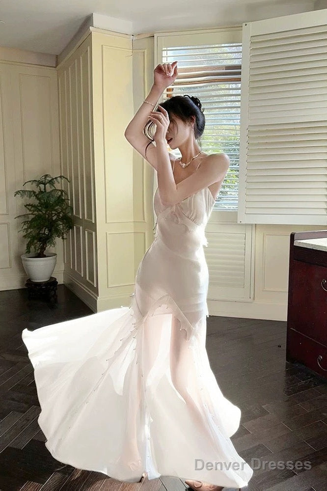 Modest Mermaid Spaghetti Straps White Long Evening Dress Prom Dresses