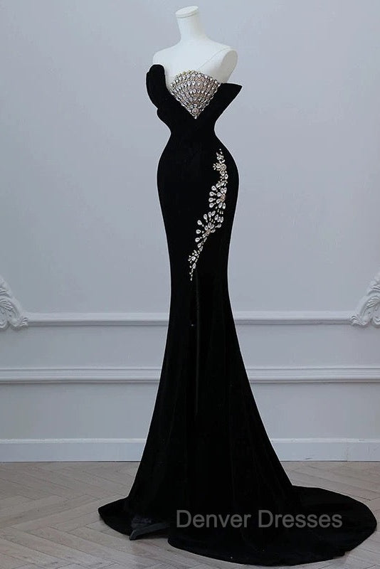 Modest Mermaid Strapless Black Long Floor Length Beads Prom Dress Secondary image