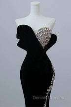 Modest Mermaid Strapless Black Long Floor Length Beads Prom Dress