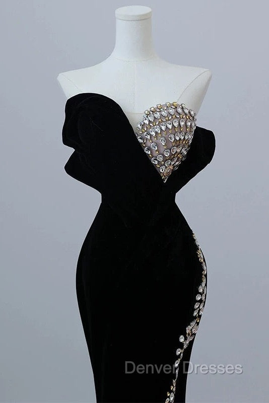 Modest Mermaid Strapless Black Long Floor Length Beads Prom Dress
