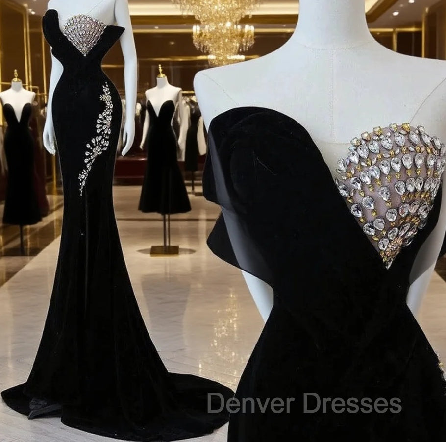 Modest Mermaid Strapless Black Long Floor Length Beads Prom Dress Main image