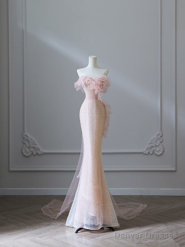 Modest Mermaid Strapless Pink Tulle Flowers Evening Dress Long Prom Dresses Main image