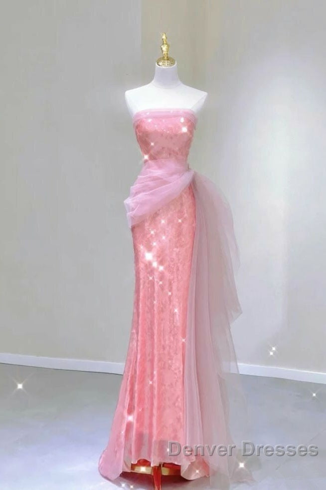 Modest Mermaid Strapless Pink Tulle Ruffles Long Party Dress Prom Dress Secondary image