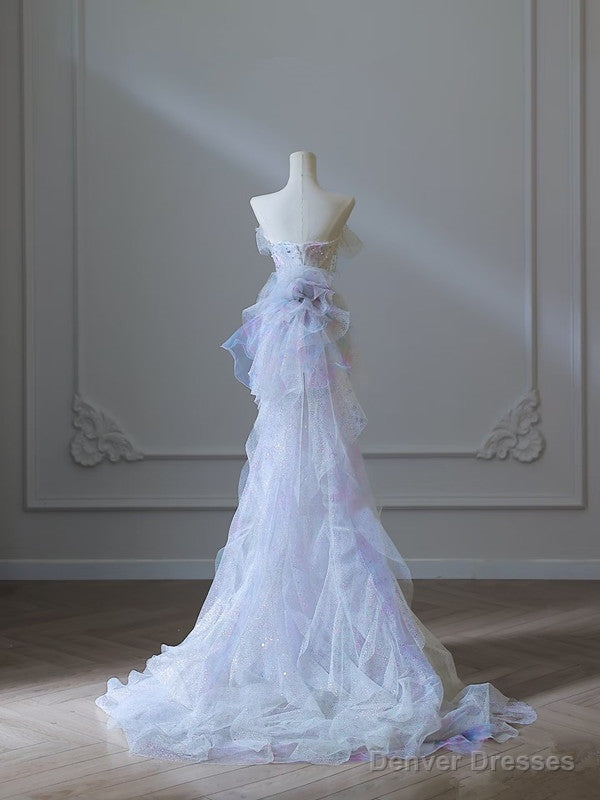 Modest Mermaid Strapless Tulle Flowers Evening Dress Long Prom Dresses