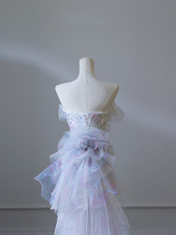 Modest Mermaid Strapless Tulle Flowers Evening Dress Long Prom Dress