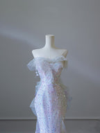 Modest Mermaid Strapless Tulle Flowers Evening Dress Long Prom Dress