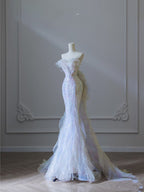 Modest Mermaid Strapless Tulle Flowers Evening Dress Long Prom Dress