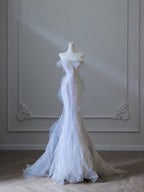 Modest Mermaid Strapless Tulle Flowers Evening Dress Long Prom Dress