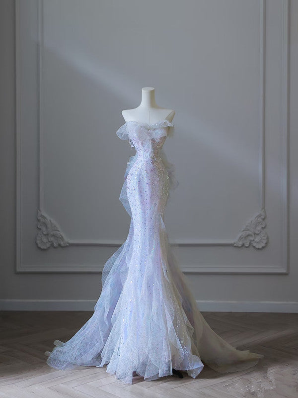 Modest Mermaid Strapless Tulle Flowers Evening Dress Long Prom Dress