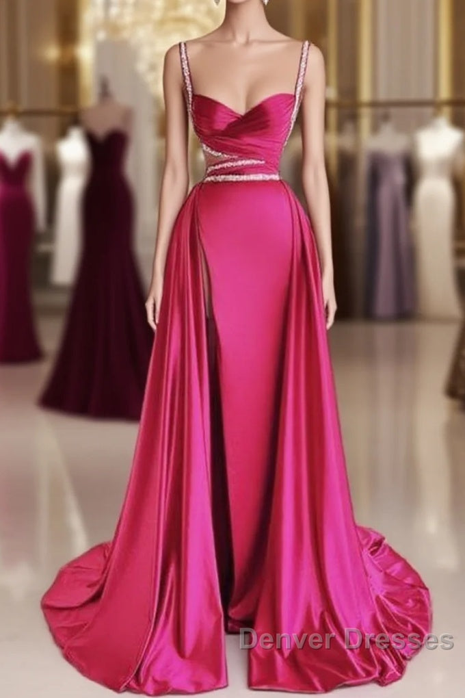 Modest Mermaid Straps Long Hot Pink Slit Satin Prom Dress