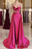 Modest Mermaid Straps Long Hot Pink Slit Satin Prom Dress