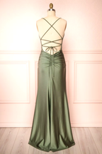 Modest Mermaid Straps Sage Green Slit Long Prom Dress