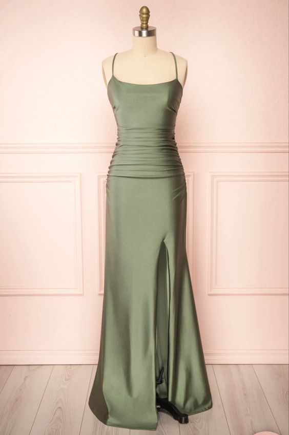 Modest Mermaid Straps Sage Green Slit Long Prom Dress Main image
