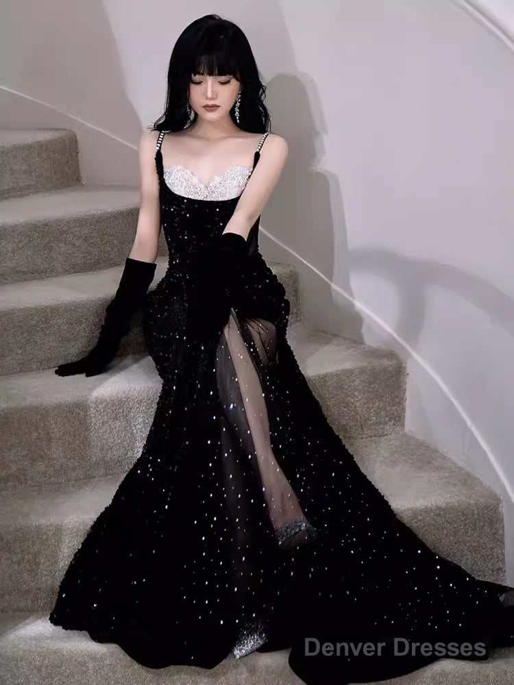 Modest Mermaid Straps Sleeveless Long Black Sequin Prom Dress Secondary image