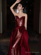 Modest Mermaid Sweetheart Burgundy Floor Length Evening Dress Sequin Prom Dresses