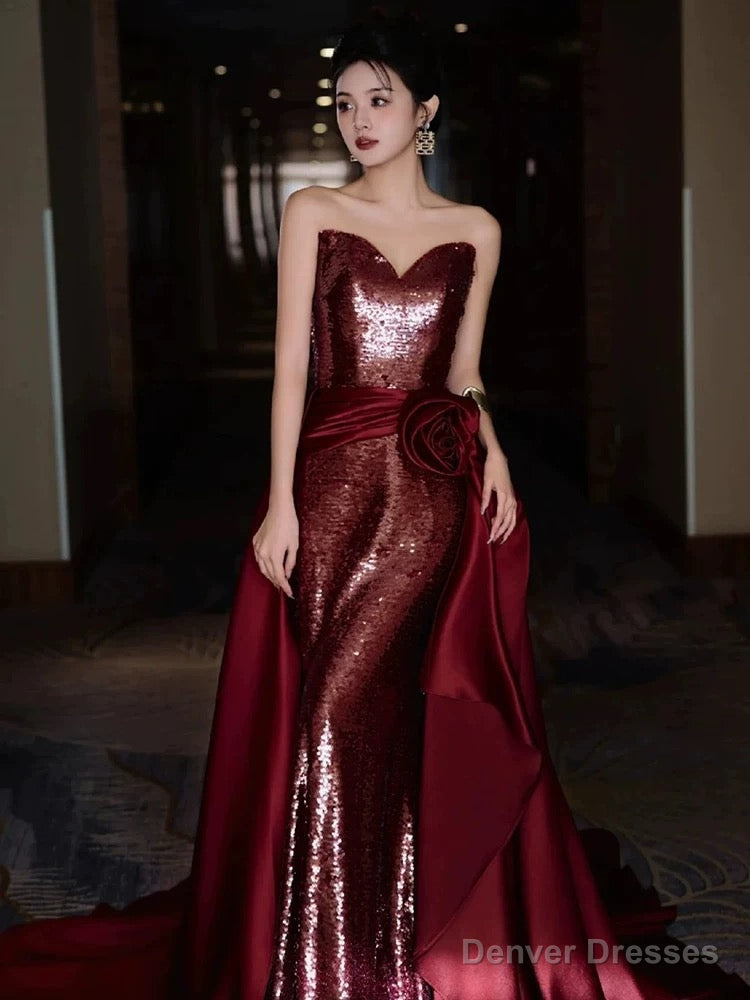 Modest Mermaid Sweetheart Burgundy Floor Length Evening Dress Sequin Prom Dresses