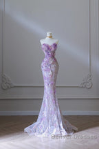 Modest Mermaid Sweetheart Lilac Tulle Sequin Flowers Evening Dress Long Prom Dress