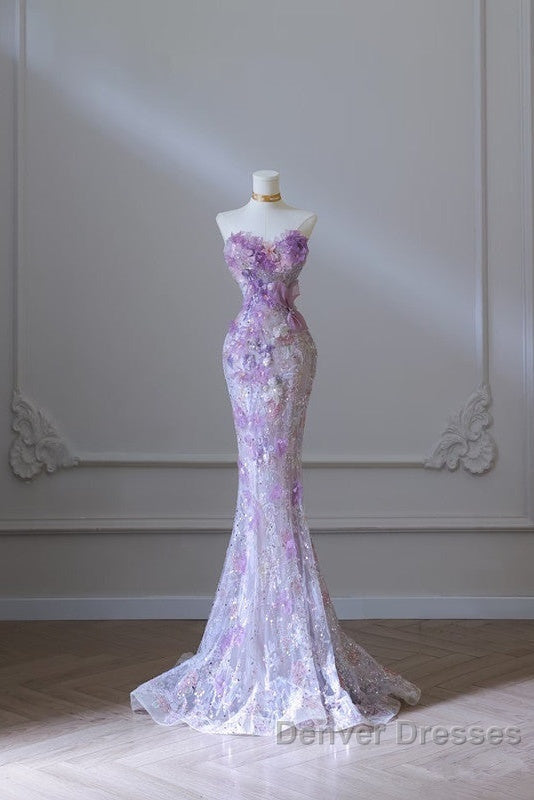 Modest Mermaid Sweetheart Lilac Tulle Sequin Flowers Evening Dress Long Prom Dress