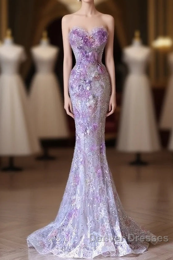 Modest Mermaid Sweetheart Lilac Tulle Sequin Flowers Evening Dress Long Prom Dress Main image