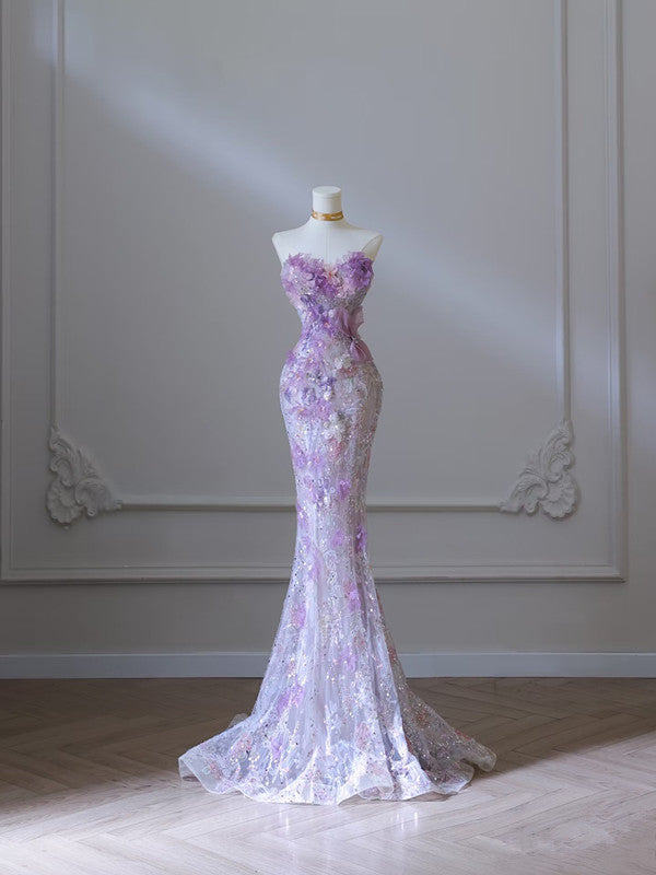 Modest Mermaid Sweetheart Lilac Tulle Sequin Flowers Evening Dress Long Prom Dress