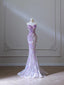 Modest Mermaid Sweetheart Lilac Tulle Sequin Flowers Evening Dress Long Prom Dress