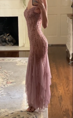 Modest Mermaid V Neckline Pink Chiffon Ruffles Long Party Dress Prom Dress