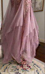 Modest Mermaid V Neckline Pink Chiffon Ruffles Long Party Dress Prom Dress