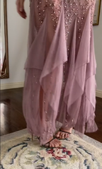 Modest Mermaid V Neckline Pink Chiffon Ruffles Long Party Dress Prom Dress