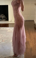 Modest Mermaid V Neckline Pink Chiffon Ruffles Long Party Dress Prom Dress