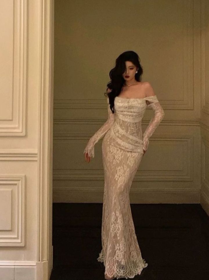 Modest Off The Shoulder Lace Mermaid Long Prom Dress Formal Party Gown For Women