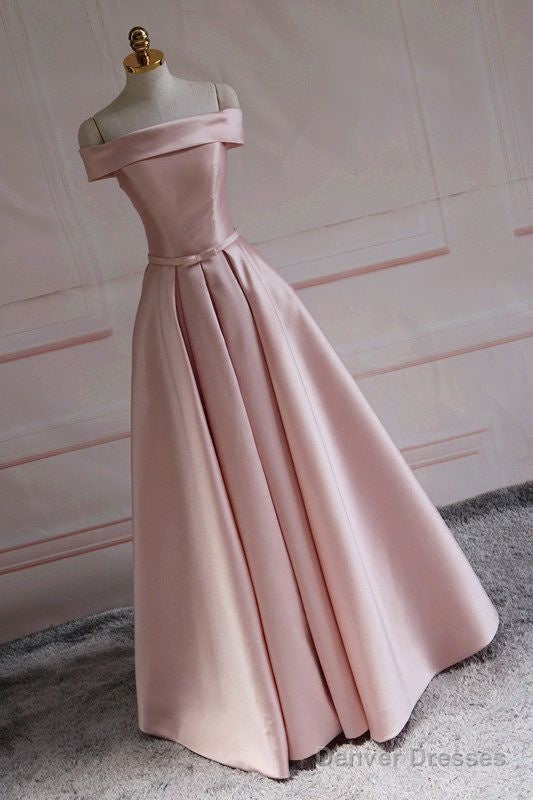 Modest Pink Satin Off The Shoulder Long Bridesmaid Dress Prom Dresses Main image