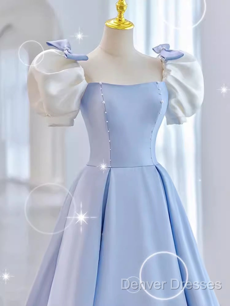 Modest Princess Short Sleeves Long Blue Satin Prom Dress Secondary image