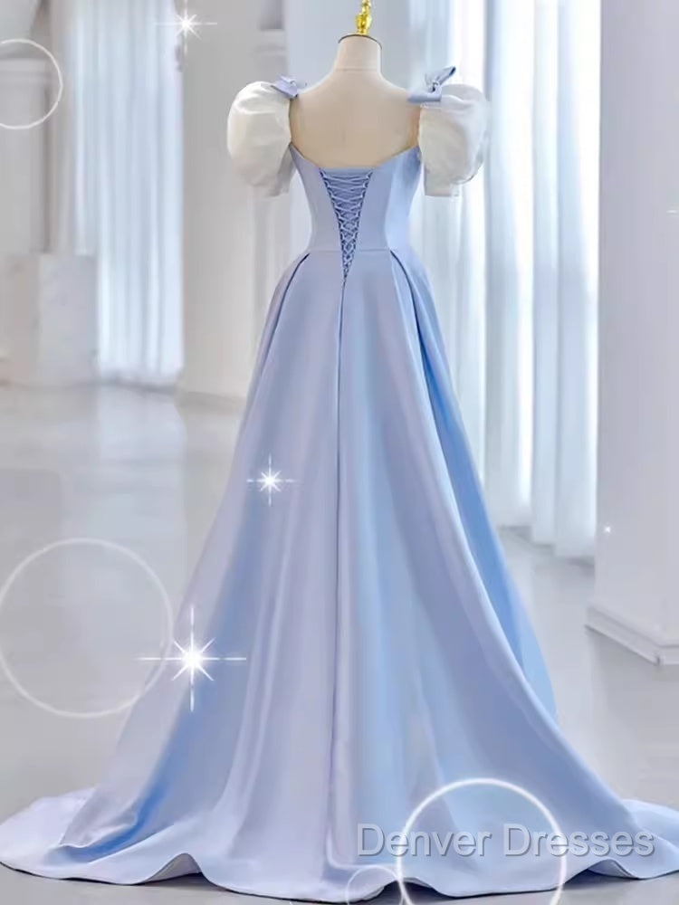Modest Princess Short Sleeves Long Blue Satin Prom Dress