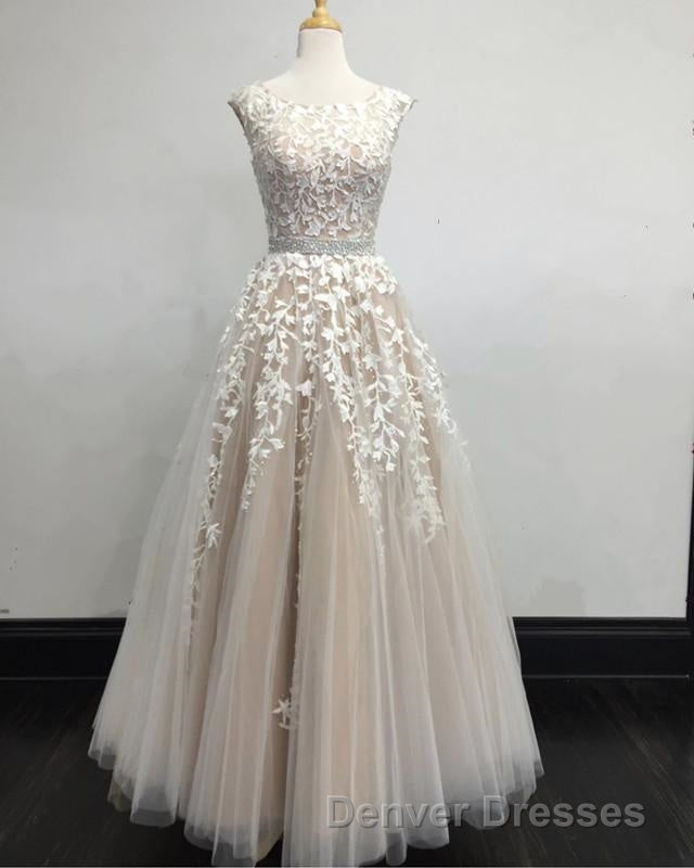 Modest Prom Dress Tulle Cap Sleeves Lace Embroidery