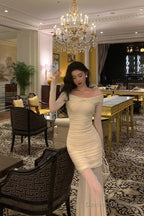 Modest Sheath Off The Shoulder Long Sleeves Beige Prom Dresses Evening Dress