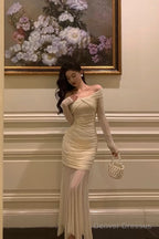Modest Sheath Off The Shoulder Long Sleeves Beige Prom Dresses Evening Dress