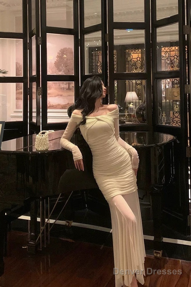 Modest Sheath Off The Shoulder Long Sleeves Beige Prom Dresses Evening Dress Main image