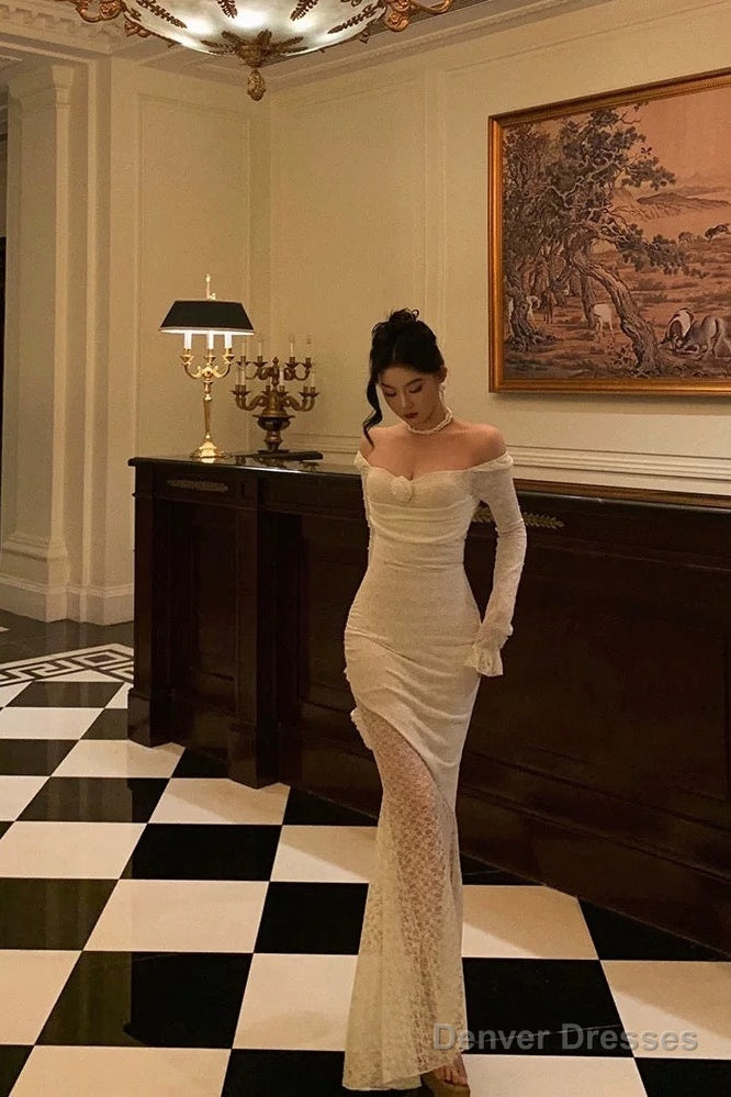 Modest Sheath Off The Shoulder Long Sleeves Lace Prom Dresses Evening Dress Secondary image