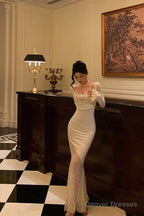 Modest Sheath Off The Shoulder Long Sleeves Lace Prom Dresses Evening Dress