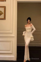 Modest Sheath Off The Shoulder Long Sleeves Lace Prom Dresses Evening Dress